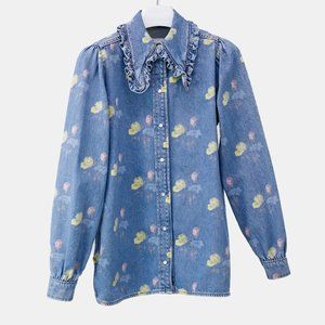 Ganni Ruffled Pointed Collar Floral Denim Shirt